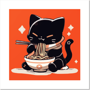 Chubby lucky cat eating ramen Posters and Art